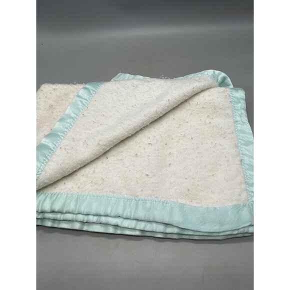Vintage baby blanket elephant blue border white fuzzy 44x32" READ - Picture 5 of 5
